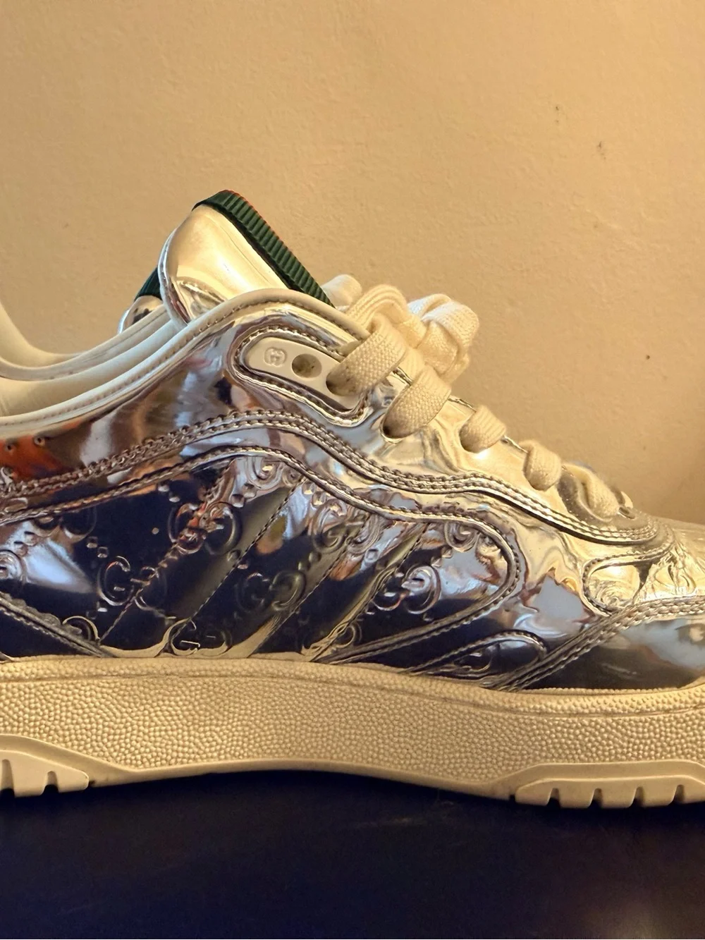 Men's Gucci Re-Web Sneaker Silver Metallic Leather Size: 9 = 9.5 US - Excellent